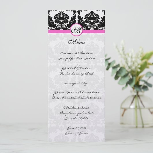 Roze & Zwarte Damast op Zilveren Metallic Bruiloft Menu (Staand voorkant)