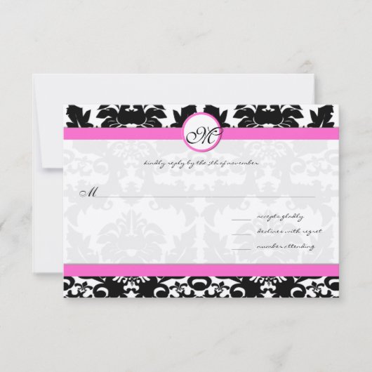 Roze & Zwarte Damast op Zilveren Metallic Bruiloft RSVP Kaartje (Voorkant)