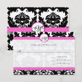 Roze & Zwarte Damast op Zilveren Metallic Bruiloft RSVP Kaartje (Voorkant / Achterkant)