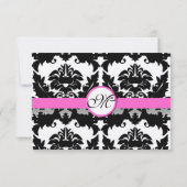 Roze & Zwarte Damast op Zilveren Metallic Bruiloft RSVP Kaartje (Achterkant)