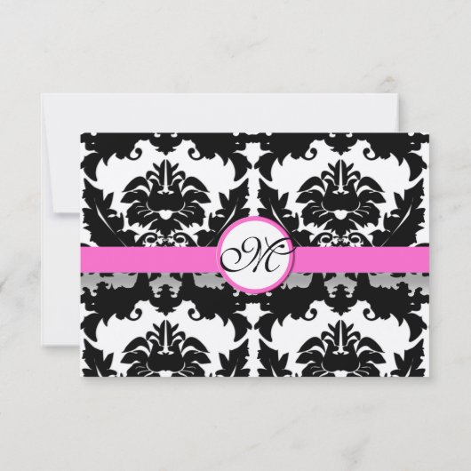 Roze & Zwarte Damast op Zilveren Metallic Bruiloft RSVP Kaartje (Achterkant)