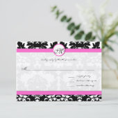 Roze & Zwarte Damast op Zilveren Metallic Bruiloft RSVP Kaartje (Staand voorkant)