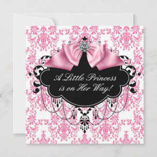 Roze Zwarte Damast Prinses Baby Shower Kaart