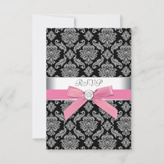 Roze Zwarte Damast RSVP Kaartje (Voorkant)