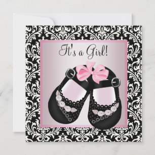 Roze Zwarte Damast Schoenen Baby Meisje Shower Kaart