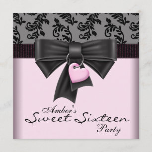 Roze Zwarte Damast Sweet 16 Verjaardagsfeest Kaart