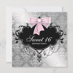 Roze Zwarte Damast Sweet 16 Verjaardagsfeest Kaart