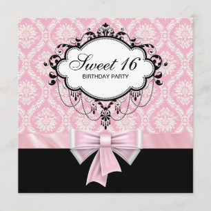 Roze Zwarte Damast Sweet 16 Verjaardagsfeest Kaart