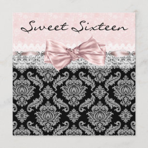 Roze Zwarte Damast Sweet Sixteen Verjaardagsfeest Kaart