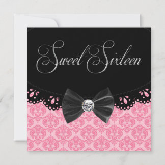 Roze Zwarte Damast Sweet Sixteen Verjaardagsfeestj Kaart