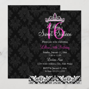 Roze Zwarte Damast & Tiara Sweet 16 Uitnodiging