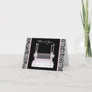 Roze Zwarte Damast Wieg Baby Shower Bedankt Kaarte