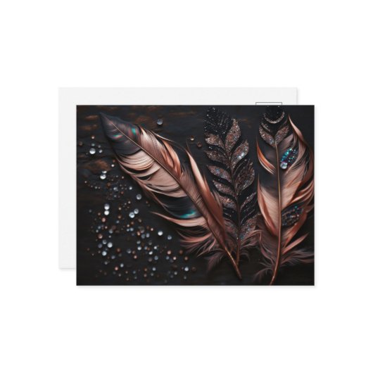 Roze & Zwarte Decoratieve Veren & Strasssteentjes Briefkaart (Voorkant / Achterkant in situ)