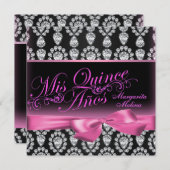 Roze/Zwarte Diamant & Boog Quinceanera Uitnodiging (Voorkant / Achterkant)