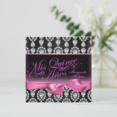 Roze/Zwarte Diamant & Boog Quinceanera Uitnodiging (Staand voorkant)