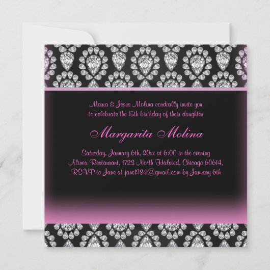Roze/Zwarte Diamant & Boog Quinceanera Uitnodiging (Achterkant)