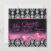 Roze/Zwarte Diamant & Boog Quinceanera Uitnodiging (Voorkant)