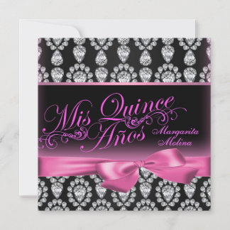 Roze/Zwarte Diamant & Boog Quinceanera Uitnodiging