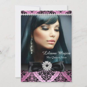 Roze Zwarte Diamanten Boog & Damast Quinceanera Kaart