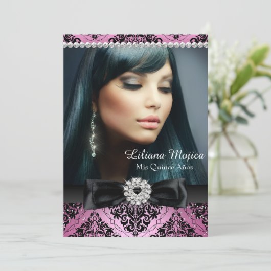 Roze zwarte Diamond Bow & Damask Quinceanera Kaart (Staand voorkant)
