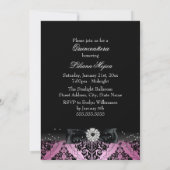 Roze zwarte Diamond Bow & Damask Quinceanera Kaart (Achterkant)