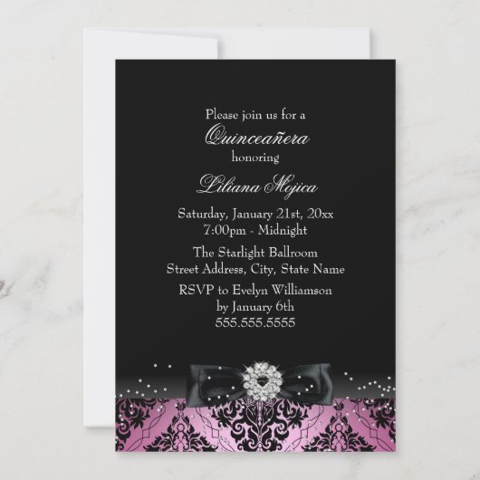 Roze zwarte Diamond Bow & Damask Quinceanera Kaart (Achterkant)