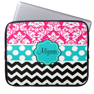 Roze zwarte dot Damask Chevron gepersonaliseerd Laptop Sleeve