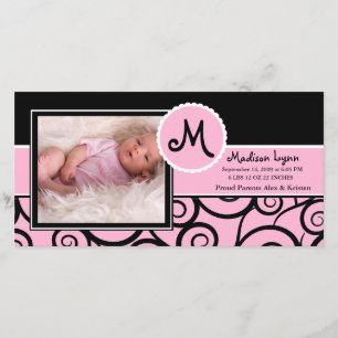 Roze & Zwarte Draai Baby Meisje Geboorte Aankondiging
