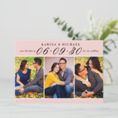 Roze Zwarte Drie Foto Collage Trouwfeest Save The Date (Staand voorkant)