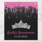 Roze zwarte druppelaar Glitter Tiara Quinceanera Wijn Etiket (Enkel label)