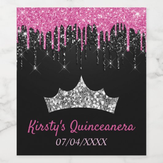 Roze zwarte druppelaar Glitter Tiara Quinceanera Wijn Etiket (Enkel label)