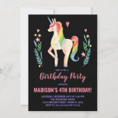 Roze Zwarte Eenhoorn Verjaardag Uitnodigingen (Voorkant)