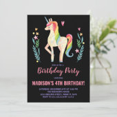 Roze Zwarte Eenhoorn Verjaardag Uitnodigingen (Staand voorkant)
