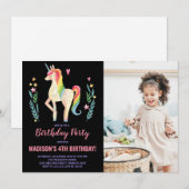 Roze Zwarte Eenhoorn Verjaardag Uitnodigingen met (Voorkant / Achterkant)