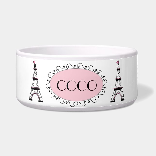 Roze zwarte Eiffeltower Naam Dog Pet Bowl Voerbakje (Voorkant)