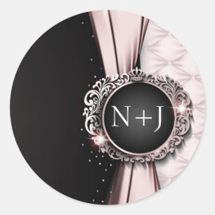 Roze & Zwarte Elegante Luxe Trouwdag Ronde Sticker