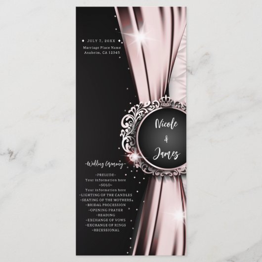 Roze & Zwarte Elegante Luxe Trouwprogramma Programmakaart (Voorkant)