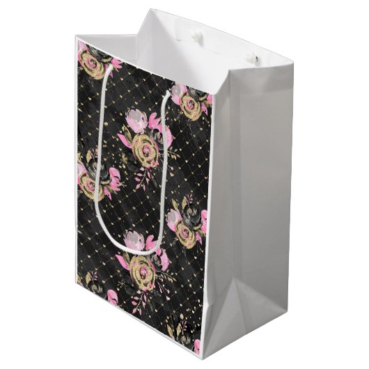 Roze, zwarte en gouden flank medium cadeauzakje (Voorkant Gekanteld)
