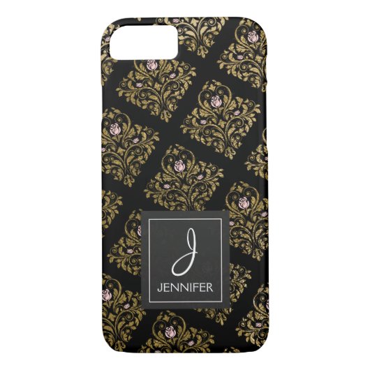 Roze, zwarte en gouden folie bloemenmonogram Case-Mate iPhone case (Achterkant)