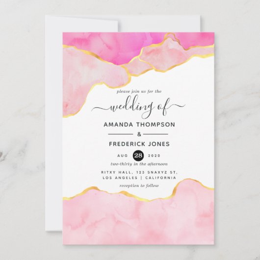 Roze, zwarte en gouden oorkonde bruiloft kaart (Voorkant)