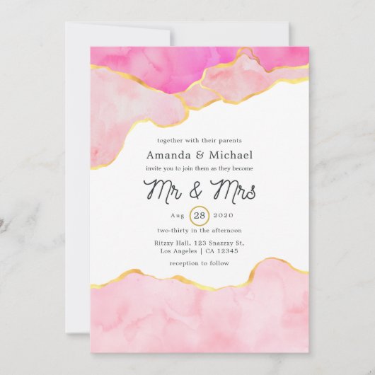 Roze, zwarte en gouden oorkonde bruiloft kaart (Voorkant)