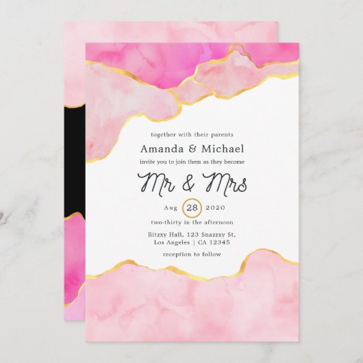 Roze, zwarte en gouden oorkonde bruiloft kaart (Voorkant / Achterkant)