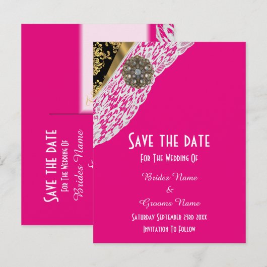 Roze zwarte en gouden witte kant, met uitzondering aankondigingskaart (Voorkant / Achterkant)