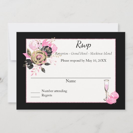 Roze, zwarte en goudflorale Rsvp. Kaart (Voorkant)
