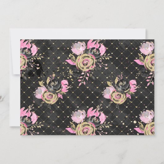 Roze, zwarte en goudflorale Rsvp. Kaart (Achterkant)