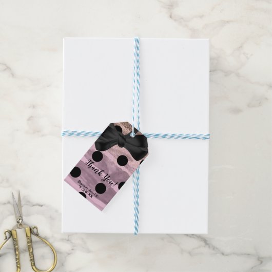 Roze zwarte en goudpokken met zwarte bovenlaag cadeaulabel (Met Touw)