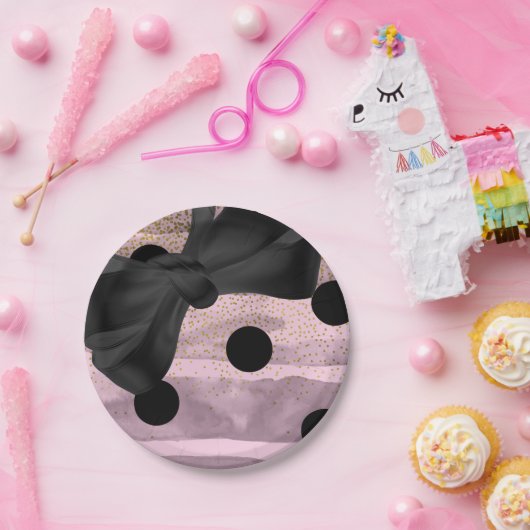 Roze zwarte en goudpokken met zwarte bovenlaag papieren bordje (Feest)