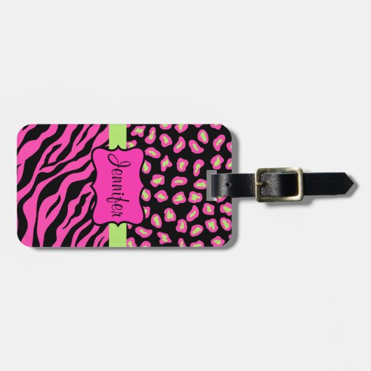 Roze, zwarte en kalkgroene Zebra en Cheetah Skins Bagagelabel (Voorkant horizontaal)