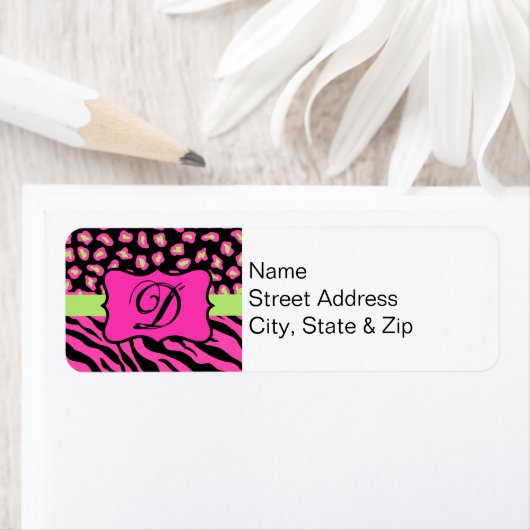 Roze, zwarte en kalkgroene Zebra en Cheetah Skins Etiket (Insitu)