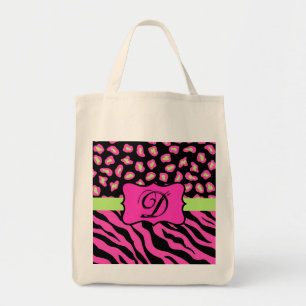 Roze, zwarte en kalkgroene Zebra en Cheetah Skins Tote Bag